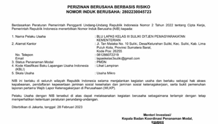 Klinik Pratama Lapas Suliki Sah Terdaftar di Sistim OSS Kementerian BKPM