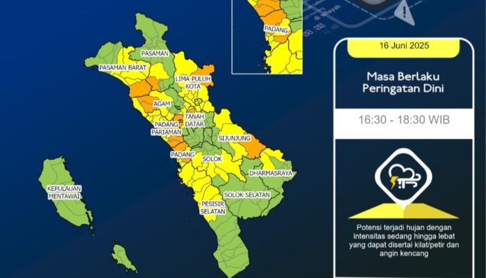 Sumbar Berpotensi Hujan Lebat Disertai Petir dan Angin Kencang