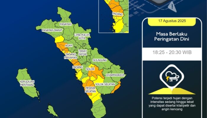 Peringatan BMKG Cuaca di Sumbar, Berpotensi Hujan Lebat Disertai Petir