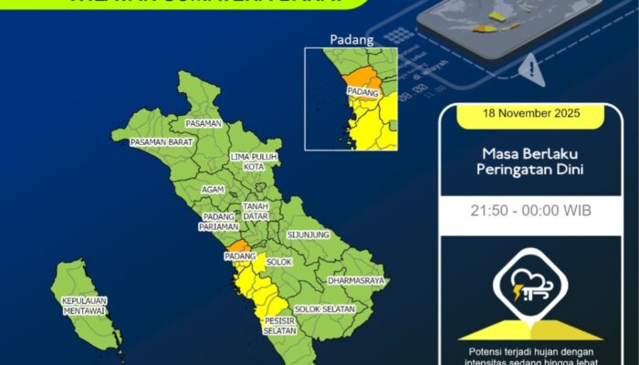 BMKG Sumbar Keluarkan Peringatan Hujan Lebat Berpotensi Terjadi di Sejumlah Wilayah